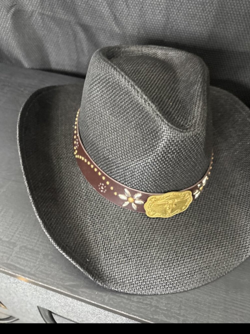 Western Cowboy Rodeo hat, paper straw, bull style band flower and beads accents